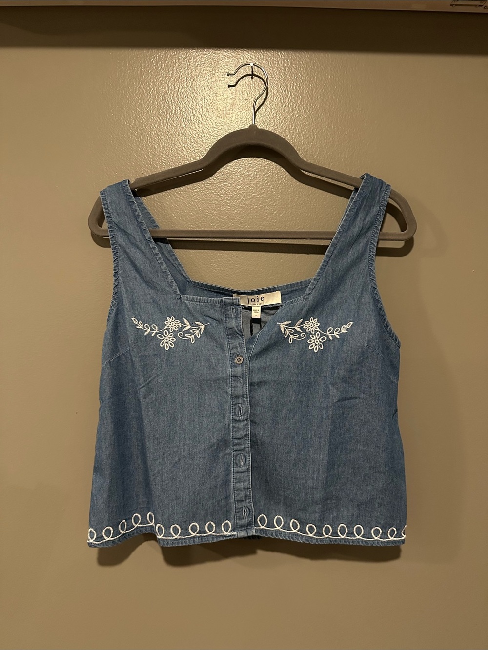 Joie Light Blue Embroidered Button-Front Crop Top